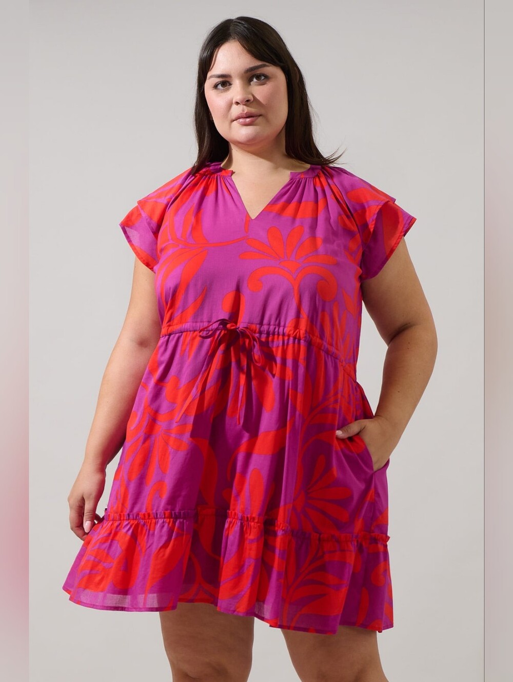 Sugarlips Vibrant Pink & Red Printed V-Neck Summer Dress 3x